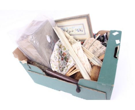 Various ladies fans, beadwork ladies handbag, embroidered Chinese silks, complete vintage chantage toiletry set retailed by A