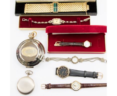 A travelling clock, pocket watch and six ladies and gentleman's watches (8)