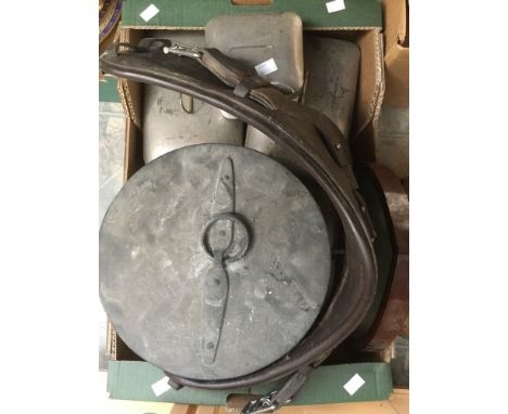 Ceramic travel containers with metal lids, a metal container and cover with a leather driving pad etc (1 box)