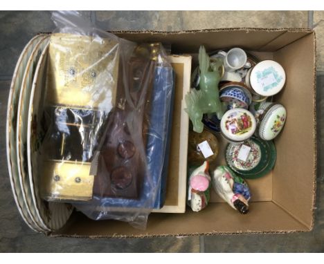 Two small Staffordshire flatbacks, a set of postal scales with weights, brass and oak, oriental ceramics, paperweights, two b