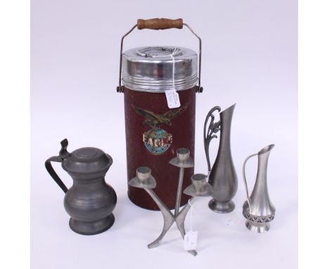 A vintage Eagle thermos flask, a lidded pewter tankard, three 1960s Nordic/Scandinavian items - candelabra and jugs, etc 