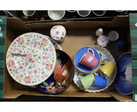 Minton 'Haddon Hall' two tier cake stand, Royal Worcester coffee cans and saucers (H.R.H. Queen Elizabeth II 80th Birthday) E