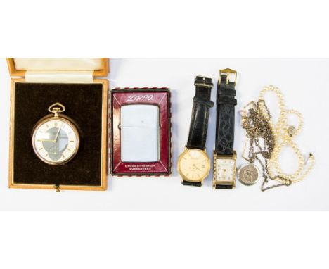 A 9ct gold pocket watch boxed, two gents gold plated Bulover watches, a Zippo lighter and watches, a faux pearl strand and me