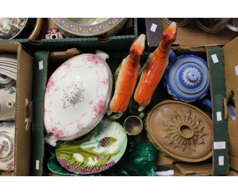 A pair of Staffordshire style Greyhounds with Rabbits in their mouths, French majolica asparagus plate, Dudson brothers blue 