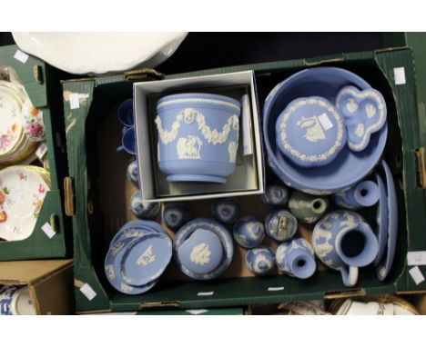 Wedgwood, Blue Jasperware to include planter (boxed) bowl, jug raised fruit bowl, table lighter, vases and small pin trays, e