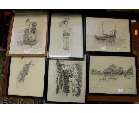 Six drawings, circa late 1930's 40's, owned by a Colonel who served, (Mayanmar), in Burma during World War II, the signed, pe