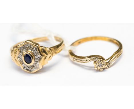 Two 9ct rings, one with an illusion set diamond, the other set with a central sapphire and diamond surround, sizes N and O, w