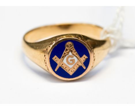 A 10ct Masonic ring, with blue enamel and rose gold detail, size S, with a total gross weight of approx 4.5gms