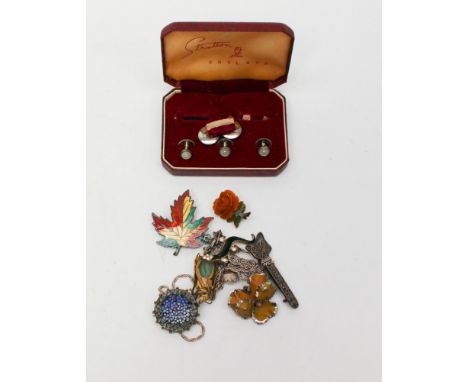 Silver and enamel brooch, silver chains, brooches including two insect brooches, Stratton stud set a/f Q