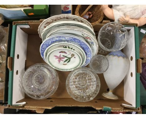 Cut glass bowls and vases, Bohemian white and blue matt vase with gilt detailing; together with china plates including Poole 