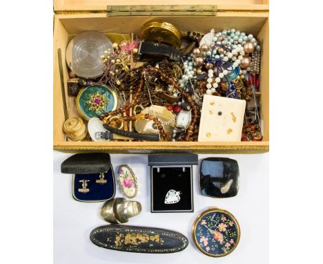 Various vintage compacts, papier mache and mother of pearl glass case, costume jewellery and watches, etc (one box)  