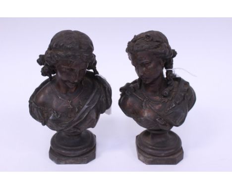 Two spelter bust of ladies, with bronze wearing off a/f signed Albert Victoria French