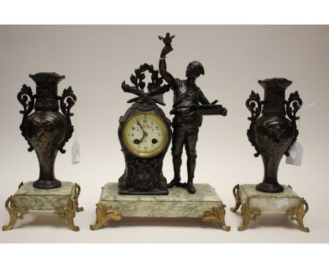 French bronzed spelter clock garniture, cream/green marble base on gilded bronze feet, hand painted enamelled dial (3)  