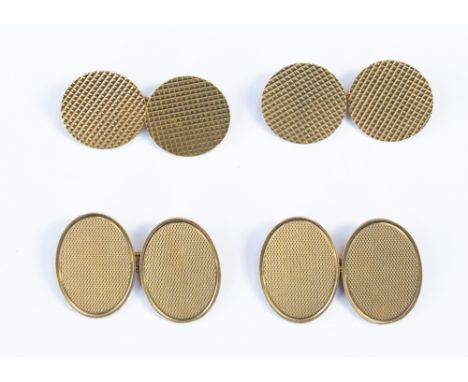 Two pairs of 9ct gold chain cufflinks, engine turned oval and round, total weight approx 13.5gms