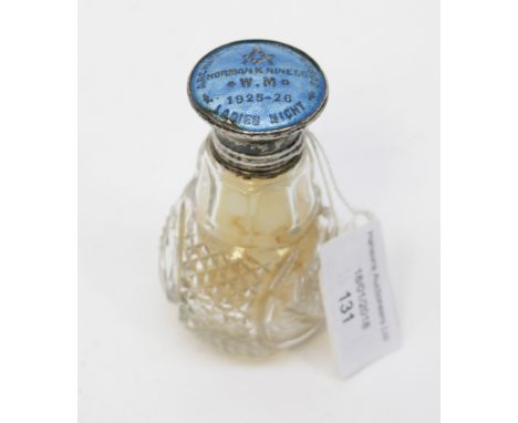 A silver and enamel Masonic cut glass bottle, inscribed to top 'Archimedes Lodge No 3802 Ladies Night, Norman K Niness, W.M. 