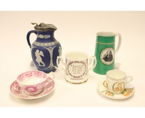 Staffordshire ware including Wesleyan commemorative cup and saucer, Prattware transfer printed jug, Primitive Methodist Churc
