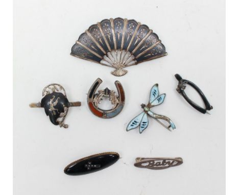 Siamese Niello brooches, a mourning brooch, black onyx and seed pearl cross, silver 'baby' brooch, wish bone silver brooch Sc
