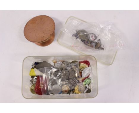 A Trench Art stud box - peak cap; together with George VI V for Victory pin, medical and other enamel badges, a large collect