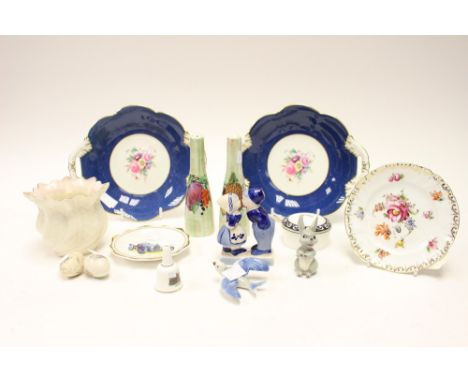 A Sitzendorf painted tea plate, two Coalport fruit service dishes, two nineteenth Century pottery eggs, a Belleek vase, toget