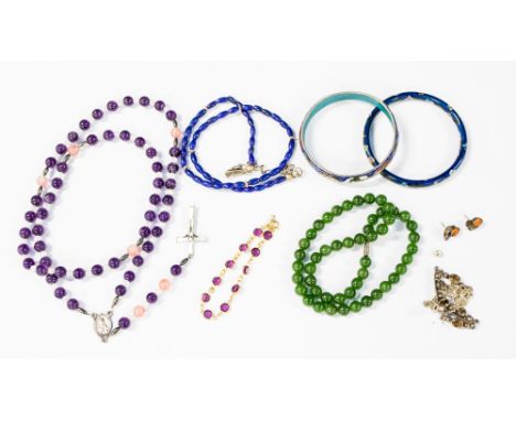 A Rosary (handmade) with rose quartz and amethyst beads, a necklace, jade, a Naive American Navejo sterling silver lapis neck