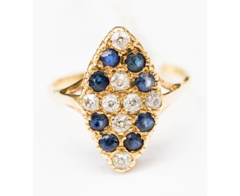  A diamond and sapphire ring, with a marquise shaped setting, set with alternate diamonds and sapphire, approx size of 18mm x