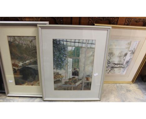A collection of watercolours including a 'Dark Nude' 2/10 A Wood print, a cottage and hedge scene watercolour by Astrid Knigh