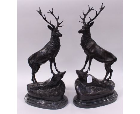 After Jules Moigniez, a pair of contemporary bronze stags mounted on marble plinths, height 74cm (2) 