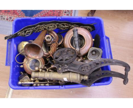 A large box of mixed brass and copper metalwares to include a reproduction miners lamp, bugle, copper kettles, horse brasses 
