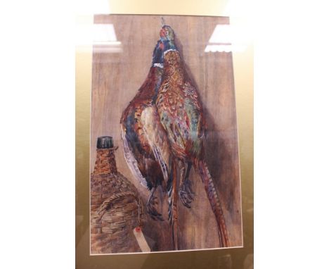 British Sporting Art / Shooting / Hunting interest: An early-20th century watercolour, still life with dead game and wine bot