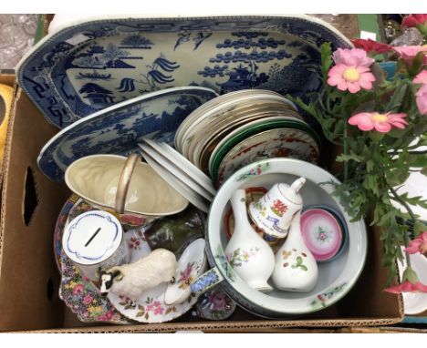 A large blue and white meat plate, together with a similar, smaller plate, bowls, ceramic flowers etc (1 box)