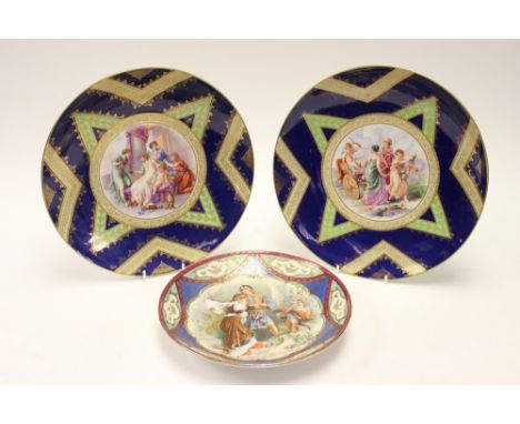 A pair of large Vienna porcelain chargers, together with a small plaque (Continental) transfer print with hand painted highli