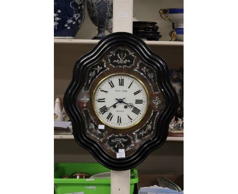 ****Ex Luddington Manor****A late 19th Century French papier mache and abalone shell inlaid wall clock, with two train moveme