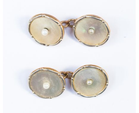 A pair of 9ct gold chain cufflinks, set with mother of pearl with a seed pearl centre, with a platinum surround 