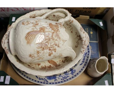 Blue and White serving platter, tranfer print wash stand set, small Minton dish and a small Royal Worcester dish. 