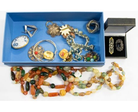  A collection of costume jewellery, to include an Art Deco enamel and paste brooch, a silver and marcasite brooch, various co