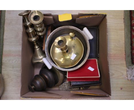A 19th century brass candlestick, together with a pair of brass candlesticks, cased teaspoons, silver plate and other metalwa