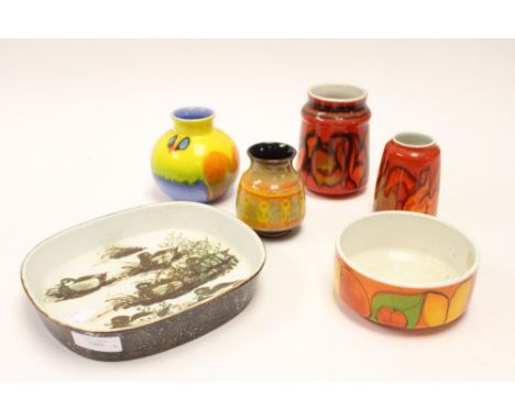 A Royal Copenhagen dish decorated with ducks, together with four Poole Pottery vases and a similar bowl (6) 