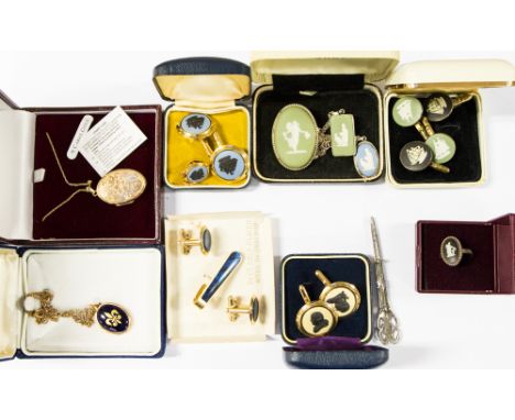 A 9ct gold locket and chain, gross weight approx 5.5gms, a collection of Wedgwood cuff links, to include two pairs of silver 