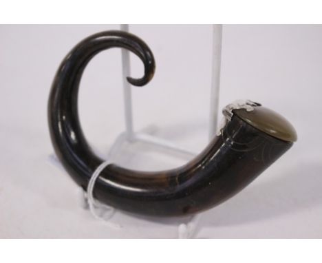 A 19th Century Scottish snuff mull in the form of a bugle, hinged cover with a white metal mount, length 11cm 