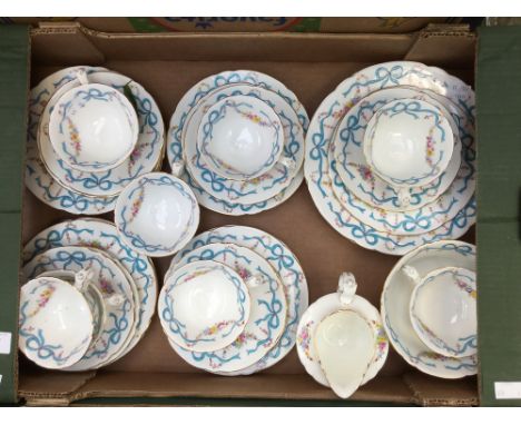 ****Ex Luddington Manor****Foley china, pattern no 9656, white ground blue ribbon and floral spray tea service, approx 30 pie