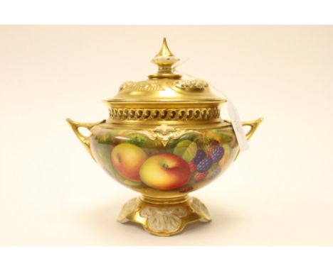 A Royal Worcester fruit painted  twin handled bowl and cover, decorated with apples and blackberries, signed A. Shuck, puce b