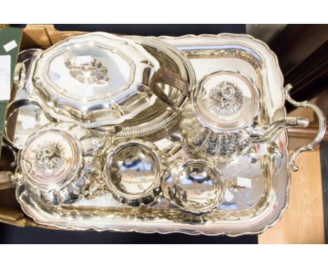 EPNS twin handled rectangular tray, with EPNS part tea service being melon shaped and footed, with fruit wood handles, etc 