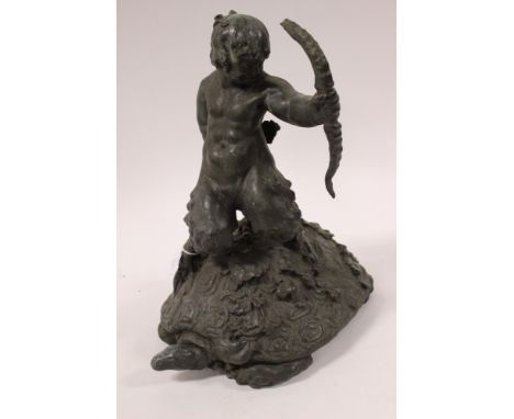 A bronze figure of a mythological archer on the back of a tortoise, height 43cm 