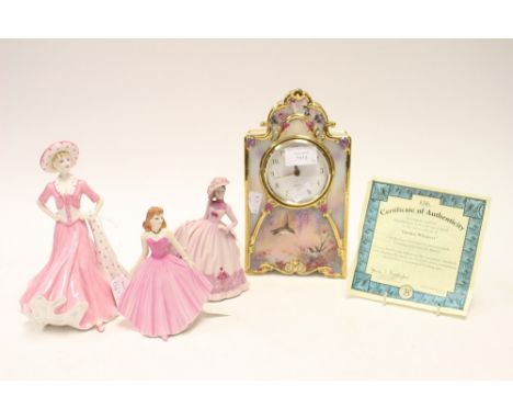 Three boxed Coalport figurines and boxed ceramic clock (4)
