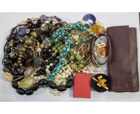 Vintage, Venetian glass beads cut glass necklaces, mother of pearl, pearls, chains etc, to include jewellery vase with brooch