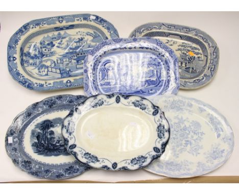 Six Staffordshire blue and white meat plates to include Spode and Asiatic pheasant design 