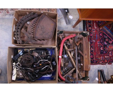 A quantity of woodworking tools; together with a collection of old telephones and a fine grate and shoe last (three boxes) 