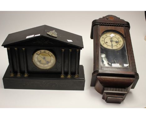 A 19th century slate mantle clock together with a wall clock stained pine carcass, painted dial, both with keys (2) 