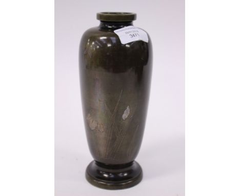 A Japanese bronze baluster vase, Meiji period, 1868-1912, silver inlaid to form water plants and an insect, height 21cm