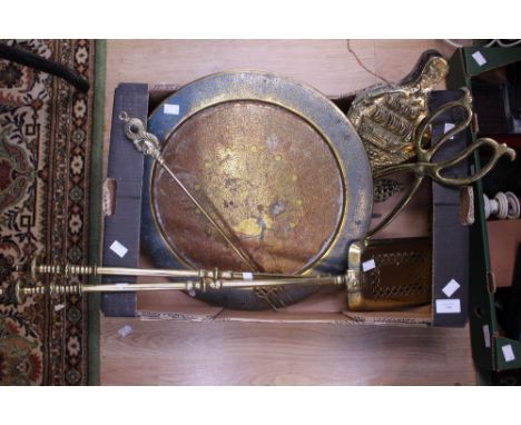 Victorian brass fire tools, Indian brass plaque, etc. (one box)